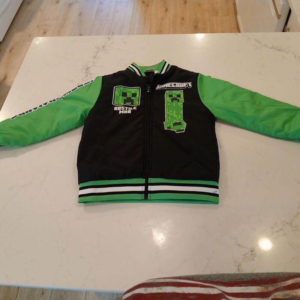 Boys Black & Green Minecraft Hostile Mob Bomber Jacket Zip Front Coat Size 6/7